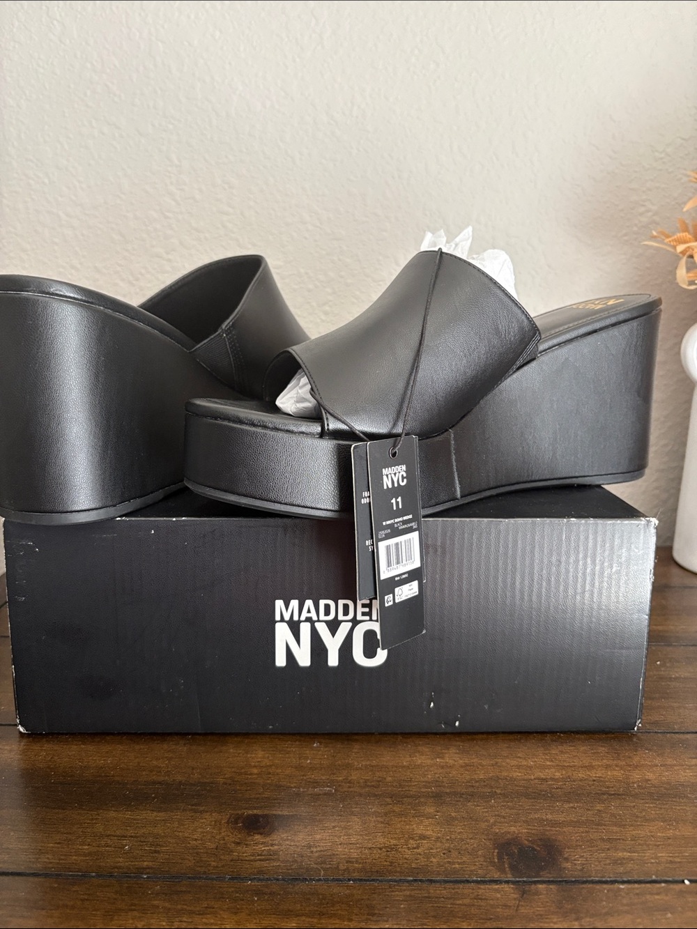 Madden NYC Black Platform Slide Wedges